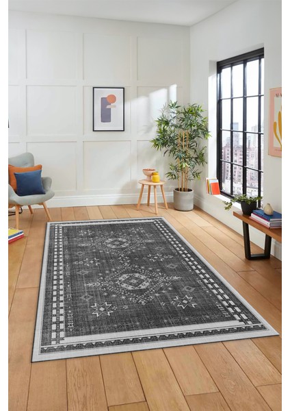Dijital Baskılı Kaymaz Yıkanabilir Etnik Desen Yolluk Mutfak Salon Halısı, Etnik-03-Antrasit