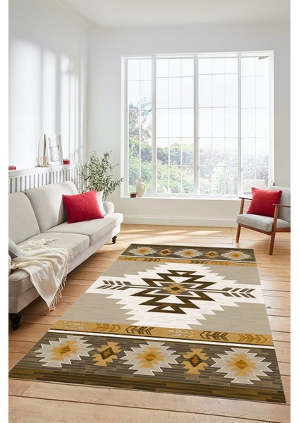 Etnik Desenli Dijital Baskılı Kaymaz Yıkanabilir Yolluk Mutfak Salon Halısı, Etnik-05-Kahve fiyatları