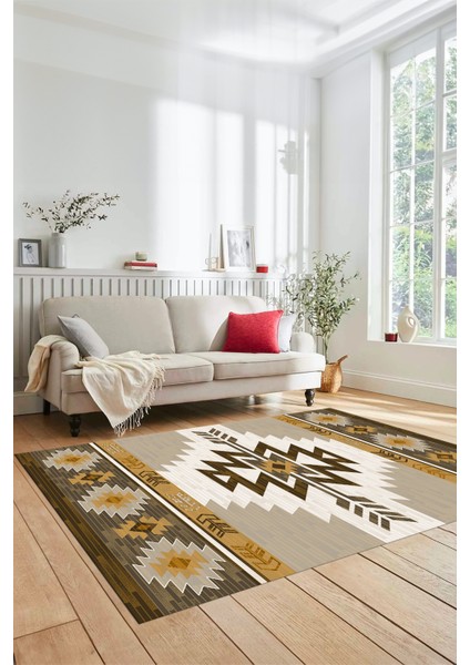 Etnik Desenli Dijital Baskılı Kaymaz Yıkanabilir Yolluk Mutfak Salon Halısı, Etnik-05-Kahve modelleri