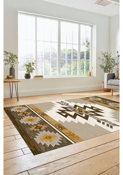 Etnik Desenli Dijital Baskılı Kaymaz Yıkanabilir Yolluk Mutfak Salon Halısı, Etnik-05-Kahve indirimleri