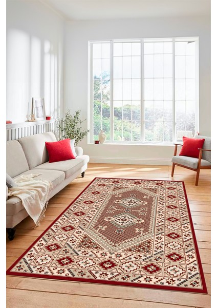 Şık Tasarım Etnik Desenli Dijital Kaymaz Yıkanabilir Yolluk Salon Halısı, Etnik-08-Bordo