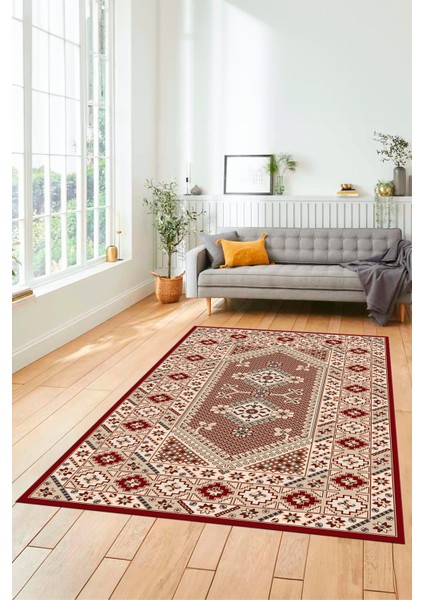 Şık Tasarım Etnik Desenli Dijital Kaymaz Yıkanabilir Yolluk Salon Halısı, Etnik-08-Bordo modelleri
