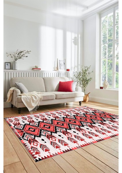 Renkli Etnik Desenli Dijital Kaymaz Yıkanabilir Yolluk Mutfak Salon Halısı, Etnik-06-Kırmızı modelleri