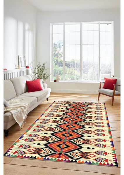 Renkli Etnik Desenli Dijital Kaymaz Yıkanabilir Yolluk Mutfak Salon Halısı, Etnik-06-Renkli