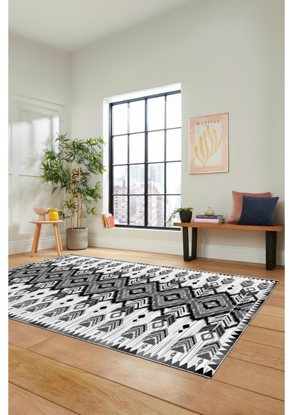 Renkli Etnik Desenli Dijital Kaymaz Yıkanabilir Yolluk Mutfak Salon Halısı, Etnik-06-Gri