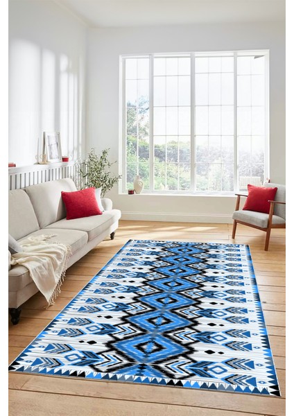 Renkli Etnik Desenli Dijital Kaymaz Yıkanabilir Yolluk Mutfak Salon Halısı, Etnik-06-Mavi fiyatları