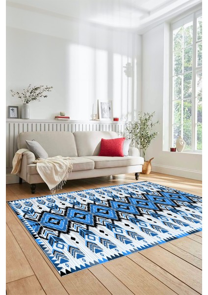 Renkli Etnik Desenli Dijital Kaymaz Yıkanabilir Yolluk Mutfak Salon Halısı, Etnik-06-Mavi modelleri