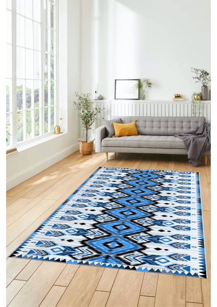 Renkli Etnik Desenli Dijital Kaymaz Yıkanabilir Yolluk Mutfak Salon Halısı, Etnik-06-Mavi fırsatları