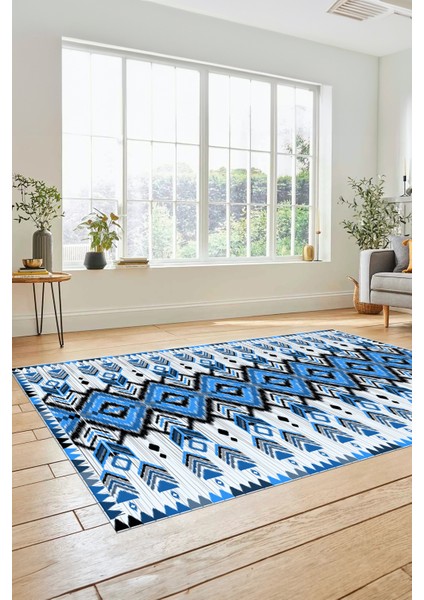 Renkli Etnik Desenli Dijital Kaymaz Yıkanabilir Yolluk Mutfak Salon Halısı, Etnik-06-Mavi indirimleri