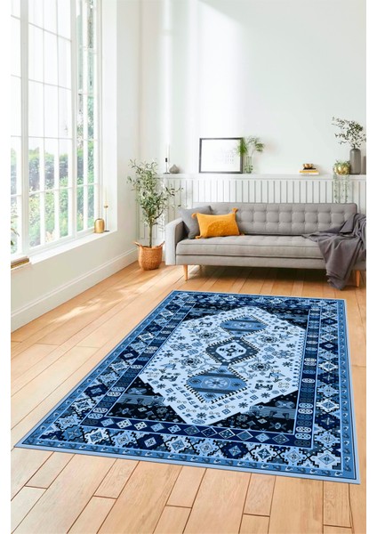 Etnik Klasik Desenli Dijital Baskılı Kaymaz Yıkanabilir Yolluk Salon Halısı, Etnik-07-Mavi modelleri