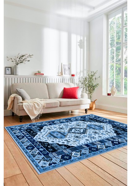 Etnik Klasik Desenli Dijital Baskılı Kaymaz Yıkanabilir Yolluk Salon Halısı, Etnik-07-Mavi fiyatları