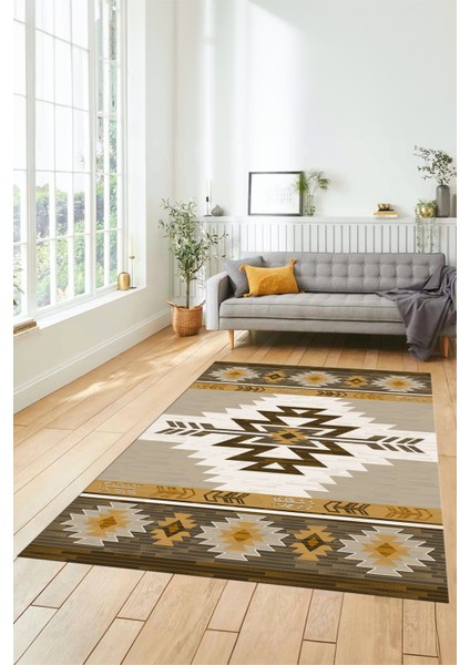 Etnik Desenli Dijital Baskılı Kaymaz Yıkanabilir Yolluk Mutfak Salon Halısı, Etnik-05-Kahve fırsatları