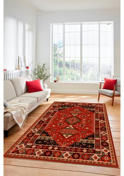 Etnik Klasik Desenli Dijital Baskılı Kaymaz Yıkanabilir Yolluk Salon Halısı, Etnik-07-Kırmızı