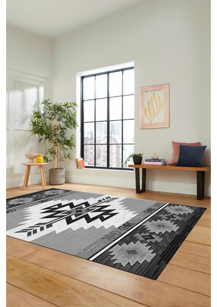 Etnik Desenli Dijital Baskılı Kaymaz Yıkanabilir Yolluk Mutfak Salon Halısı, Etnik-05-Gri