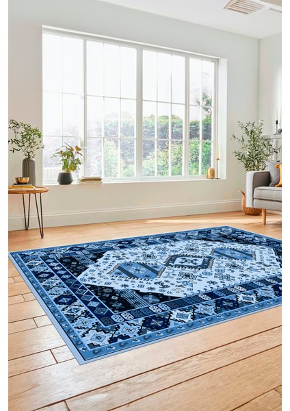 Etnik Klasik Desenli Dijital Baskılı Kaymaz Yıkanabilir Yolluk Salon Halısı, Etnik-07-Mavi fırsatları