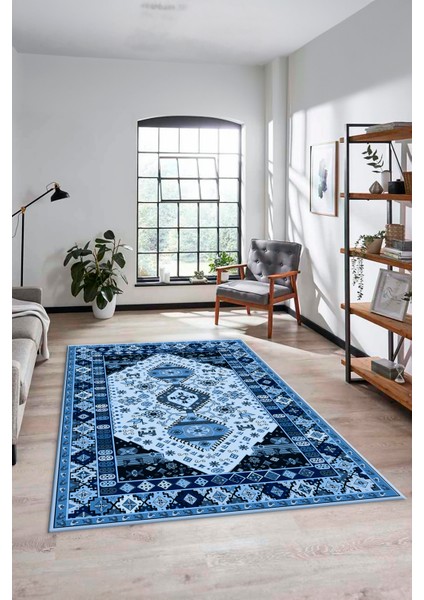Etnik Klasik Desenli Dijital Baskılı Kaymaz Yıkanabilir Yolluk Salon Halısı, Etnik-07-Mavi indirimleri