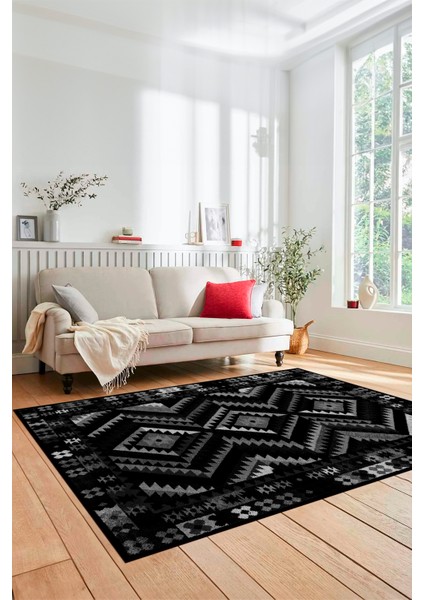 Modern Tasarım Etnik Desenli Dijital Kaymaz Yıkanabilir Yolluk Salon Halısı, Etnik-09-Antrasit