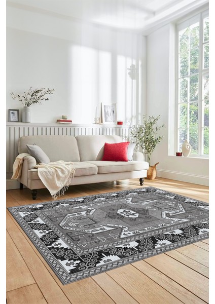 Şık Etnik Desenli Dijital Kaymaz Yıkanabilir Yolluk Mutfak Salon Halısı, Etnik-10-Gri