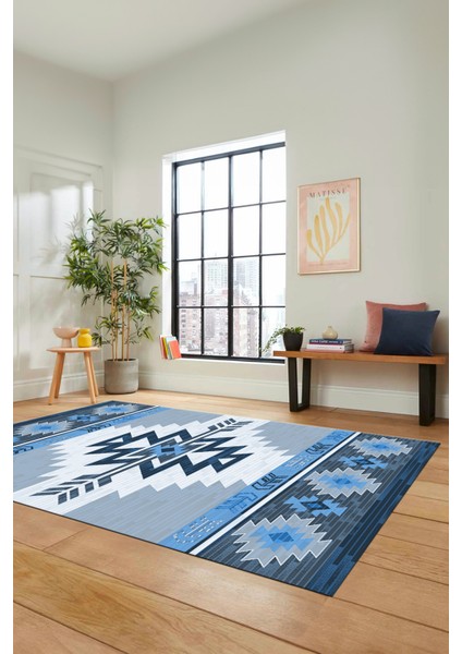 Etnik Desenli Dijital Baskılı Kaymaz Yıkanabilir Yolluk Mutfak Salon Halısı, Etnik-05-Mavi