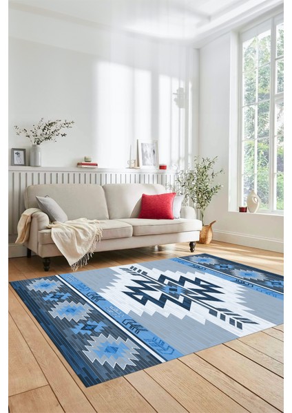 Etnik Desenli Dijital Baskılı Kaymaz Yıkanabilir Yolluk Mutfak Salon Halısı, Etnik-05-Mavi modelleri