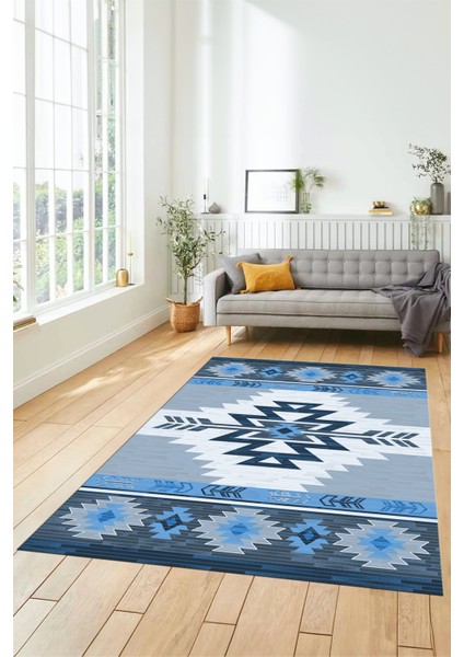 Etnik Desenli Dijital Baskılı Kaymaz Yıkanabilir Yolluk Mutfak Salon Halısı, Etnik-05-Mavi fırsatları