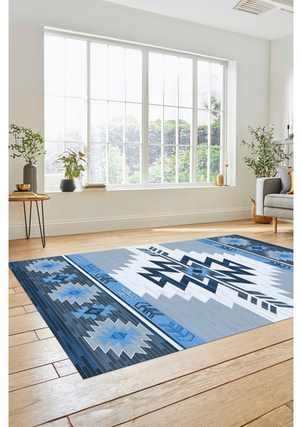 Etnik Desenli Dijital Baskılı Kaymaz Yıkanabilir Yolluk Mutfak Salon Halısı, Etnik-05-Mavi indirimleri