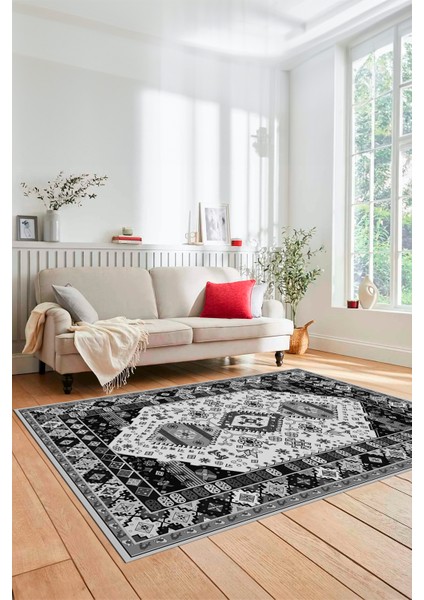 Etnik Klasik Desenli Dijital Baskılı Kaymaz Yıkanabilir Yolluk Salon Halısı, Etnik-07-Gri fiyatları
