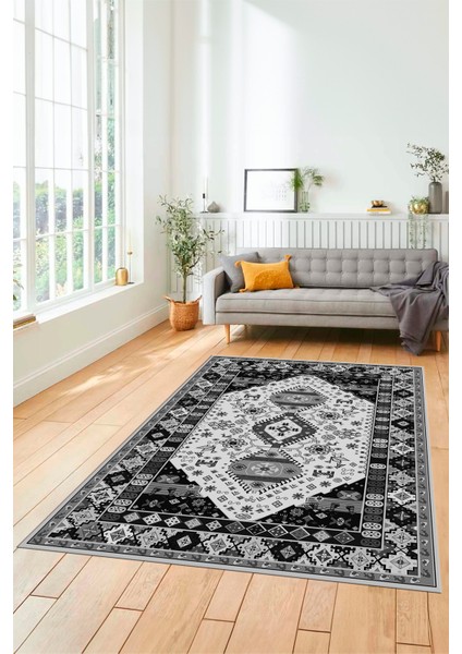 Etnik Klasik Desenli Dijital Baskılı Kaymaz Yıkanabilir Yolluk Salon Halısı, Etnik-07-Gri modelleri
