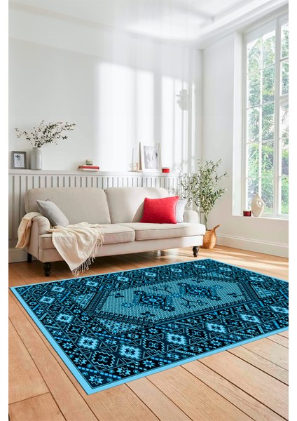 Şık Tasarım Etnik Desenli Dijital Kaymaz Yıkanabilir Yolluk Salon Halısı, Etnik-08-Mavi fiyatları