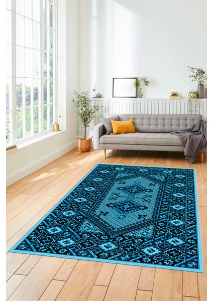 Şık Tasarım Etnik Desenli Dijital Kaymaz Yıkanabilir Yolluk Salon Halısı, Etnik-08-Mavi modelleri