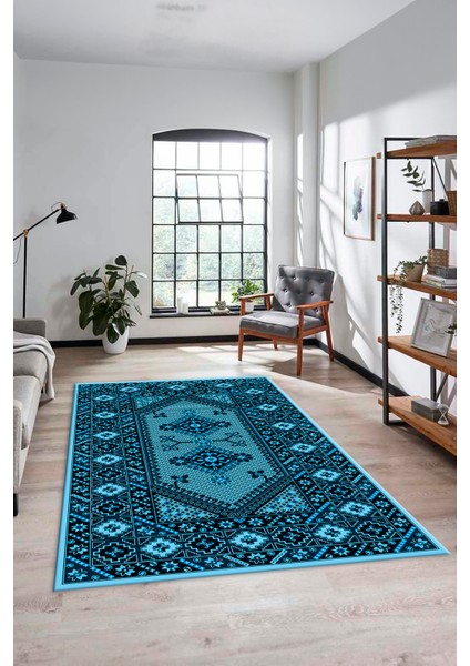 Şık Tasarım Etnik Desenli Dijital Kaymaz Yıkanabilir Yolluk Salon Halısı, Etnik-08-Mavi indirimleri