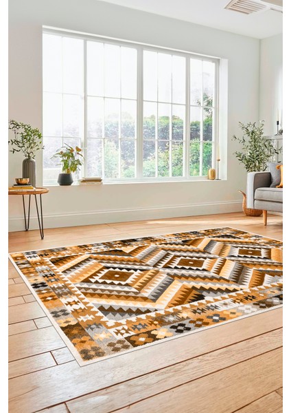 Modern Tasarım Etnik Desenli Dijital Kaymaz Yıkanabilir Yolluk Salon Halısı, Etnik-09-Kahve modelleri