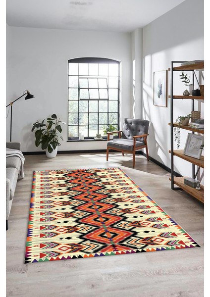 Renkli Etnik Desenli Dijital Kaymaz Yıkanabilir Yolluk Mutfak Salon Halısı, Etnik-06-Renkli indirimleri