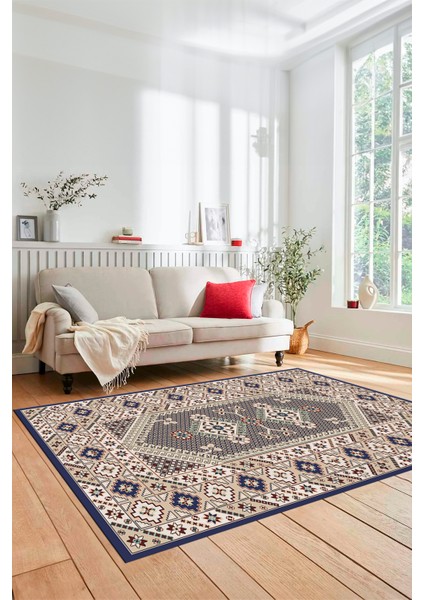 Şık Tasarım Etnik Desenli Dijital Kaymaz Yıkanabilir Yolluk Salon Halısı, Etnik-08-Lacevert fiyatları