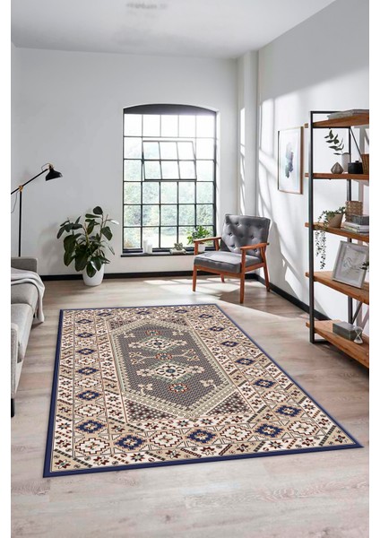 Şık Tasarım Etnik Desenli Dijital Kaymaz Yıkanabilir Yolluk Salon Halısı, Etnik-08-Lacevert indirimleri