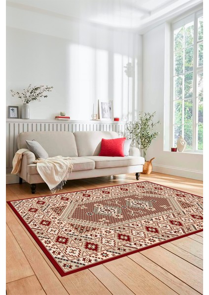 Şık Tasarım Etnik Desenli Dijital Kaymaz Yıkanabilir Yolluk Salon Halısı, Etnik-08-Bordo fiyatları