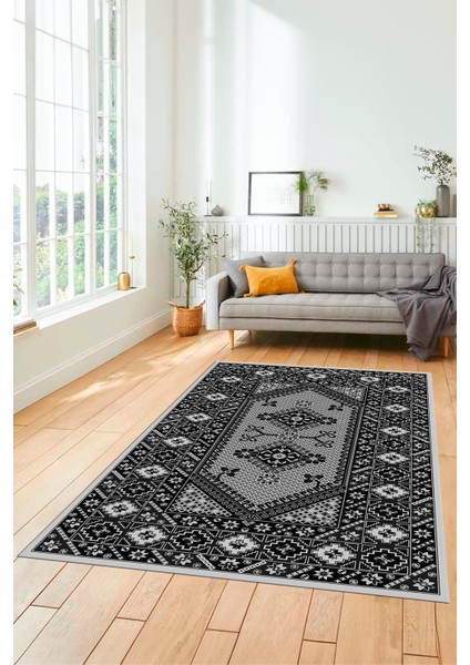 Şık Tasarım Etnik Desenli Dijital Kaymaz Yıkanabilir Yolluk Salon Halısı, Etnik-08-Antrasit modelleri