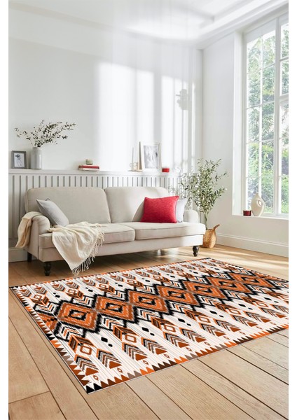 Renkli Etnik Desenli Dijital Kaymaz Yıkanabilir Yolluk Mutfak Salon Halısı, Etnik-06-Turuncu fiyatları