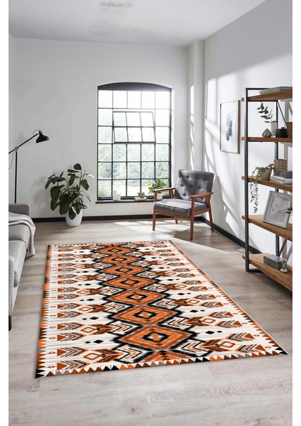 Renkli Etnik Desenli Dijital Kaymaz Yıkanabilir Yolluk Mutfak Salon Halısı, Etnik-06-Turuncu indirimleri