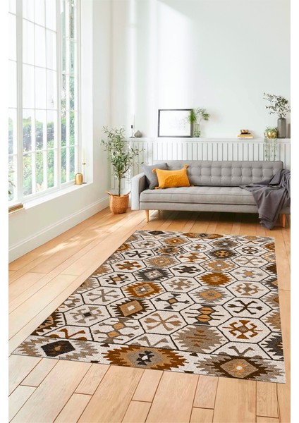 Dijital Baskılı Kaymaz Yıkanabilir Etnik Desenli Yolluk Mutfak Salon Halısı, Etnik-12-Kahve