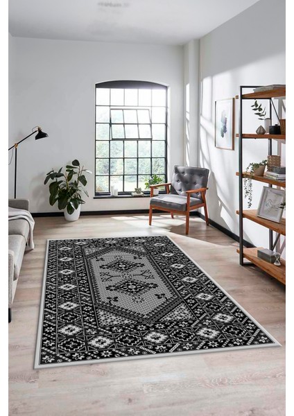 Şık Tasarım Etnik Desenli Dijital Kaymaz Yıkanabilir Yolluk Salon Halısı, Etnik-08-Antrasit indirimleri