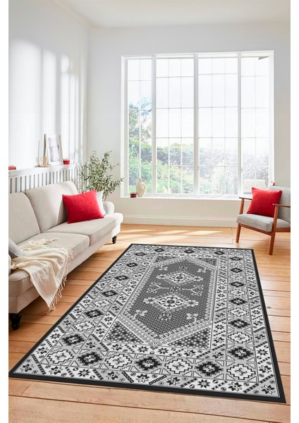 Şık Tasarım Etnik Desenli Dijital Kaymaz Yıkanabilir Yolluk Salon Halısı, Etnik-08-Gri