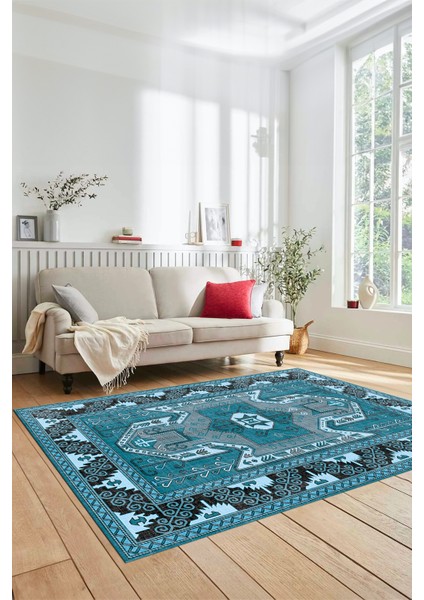 Şık Etnik Desenli Dijital Kaymaz Yıkanabilir Yolluk Mutfak Salon Halısı, Etnik-10-Mavi