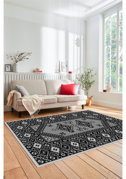 Şık Tasarım Etnik Desenli Dijital Kaymaz Yıkanabilir Yolluk Salon Halısı, Etnik-08-Antrasit fiyatları