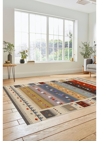 Dijital Kaymaz Yıkanabilir Şık Motifli Etnik Desenli Yolluk Mutfak Salon Halısı, Etnik-15-Renkli