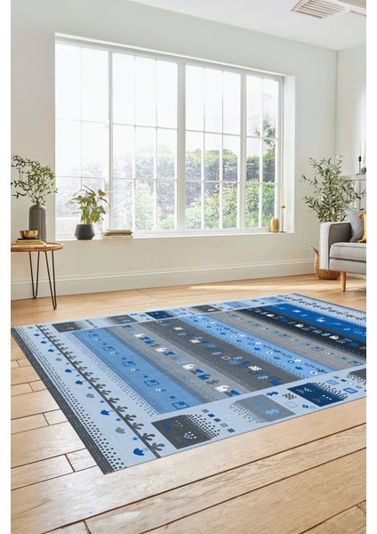 Dijital Kaymaz Yıkanabilir Şık Motifli Etnik Desenli Yolluk Mutfak Salon Halısı, Etnik-15-Mavi