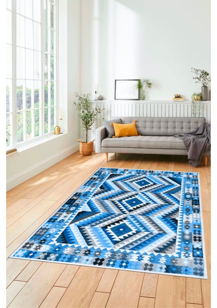 Modern Tasarım Etnik Desenli Dijital Kaymaz Yıkanabilir Yolluk Salon Halısı, Etnik-09-Mavi