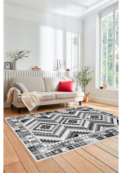 Modern Tasarım Etnik Desenli Dijital Kaymaz Yıkanabilir Yolluk Salon Halısı, Etnik-09-Gri