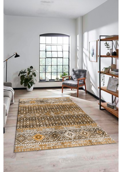 Yeni Tasarım Etnik Desenli Yıkanabilir Yolluk Mutfak Salon Koridor Halısı, Etnik-17-Kahve