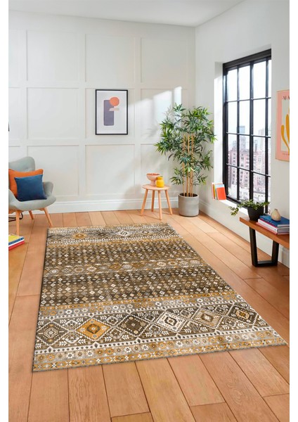 Yeni Tasarım Etnik Desenli Yıkanabilir Yolluk Mutfak Salon Koridor Halısı, Etnik-17-Kahve modelleri